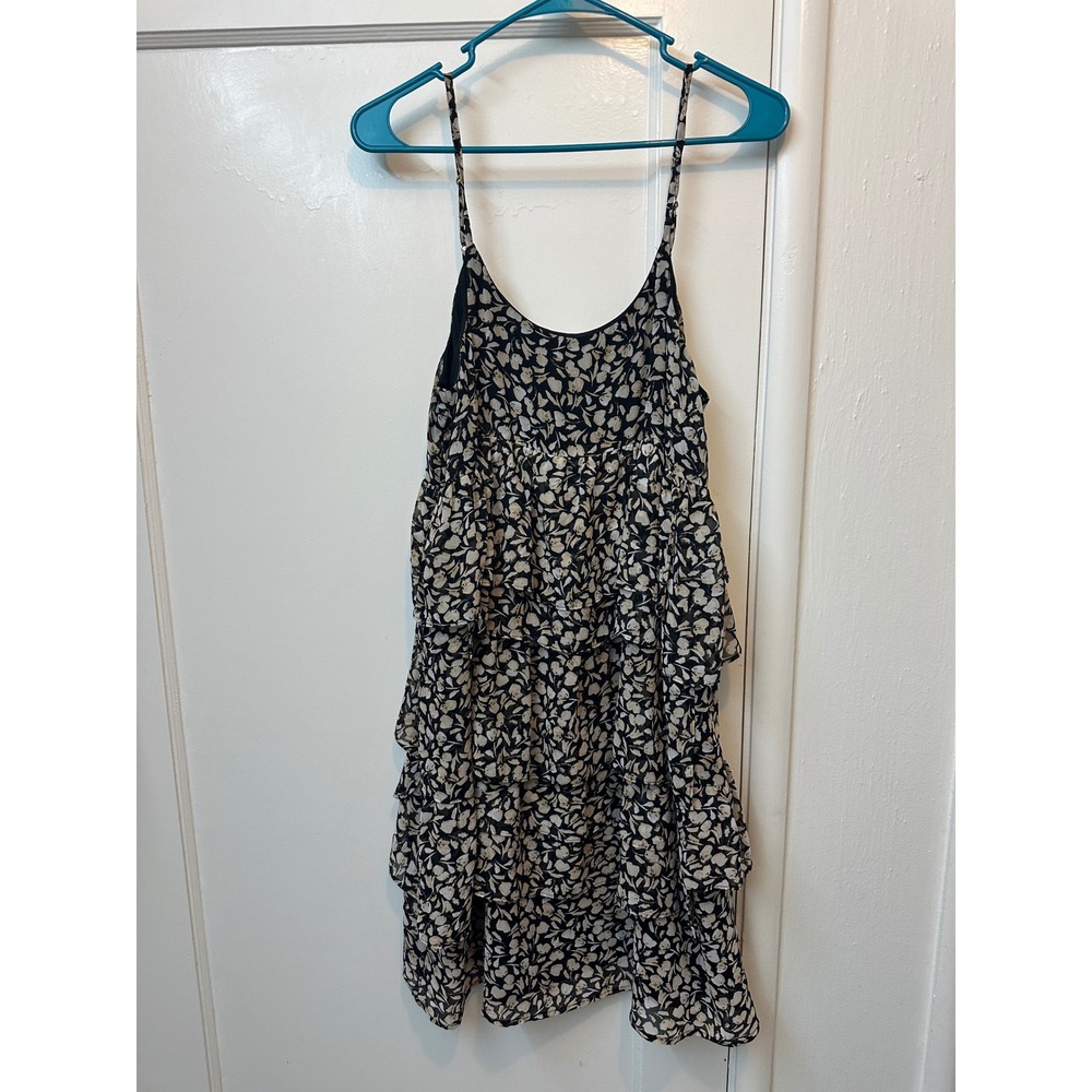 Who What Wear Womens Floral Tiered Ruffle Mini Dress Black Cream Sz M Sleeveless